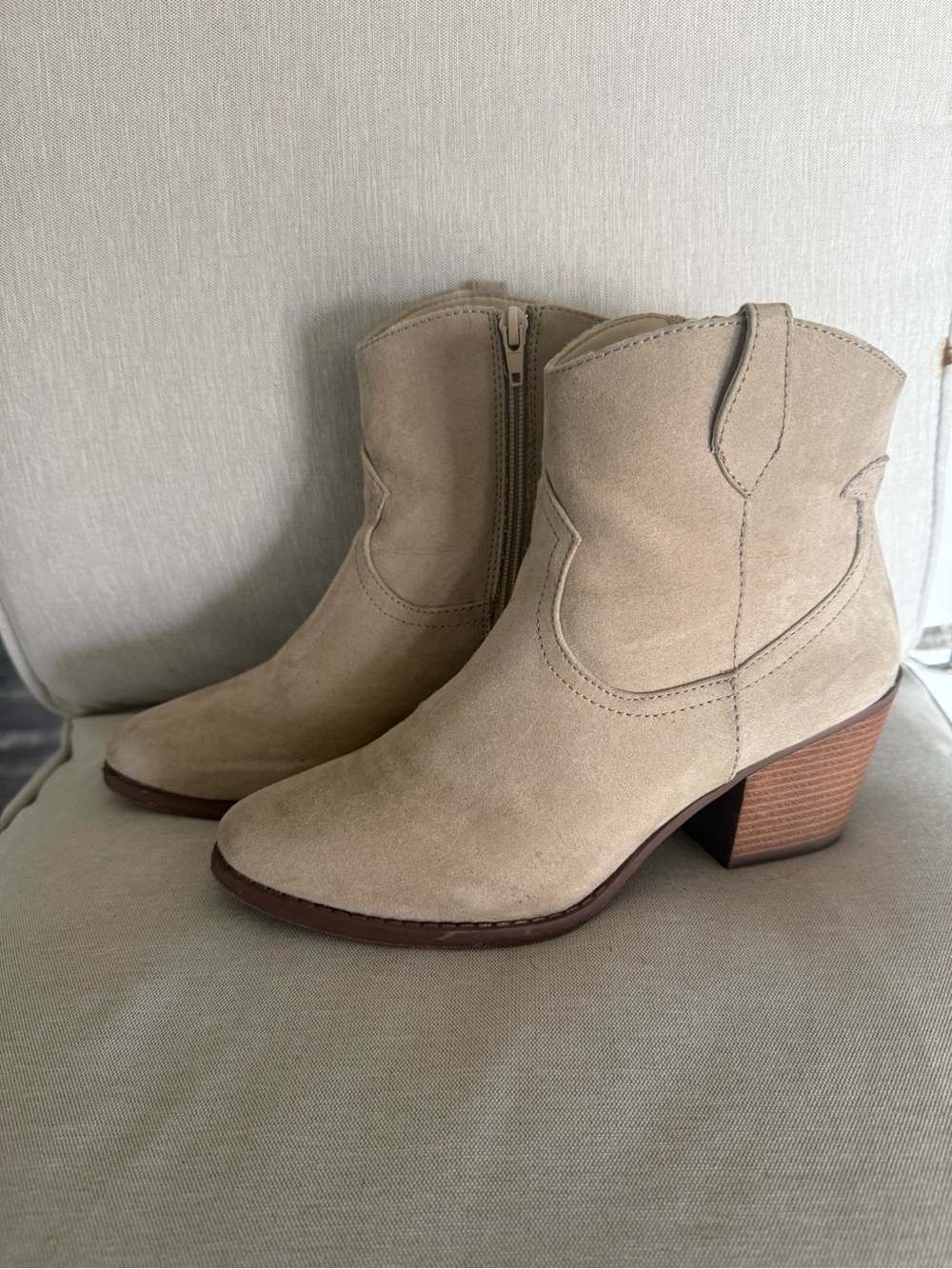 Women's Suede Ankle Boots in Beige - Casual Western Style